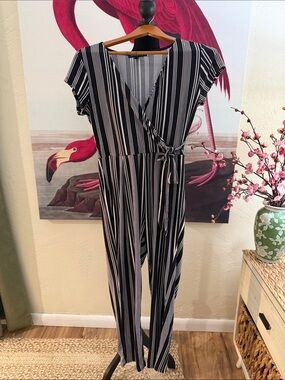 Derek Heart Black and White Vertical Stripe Wrap Jumpsuit